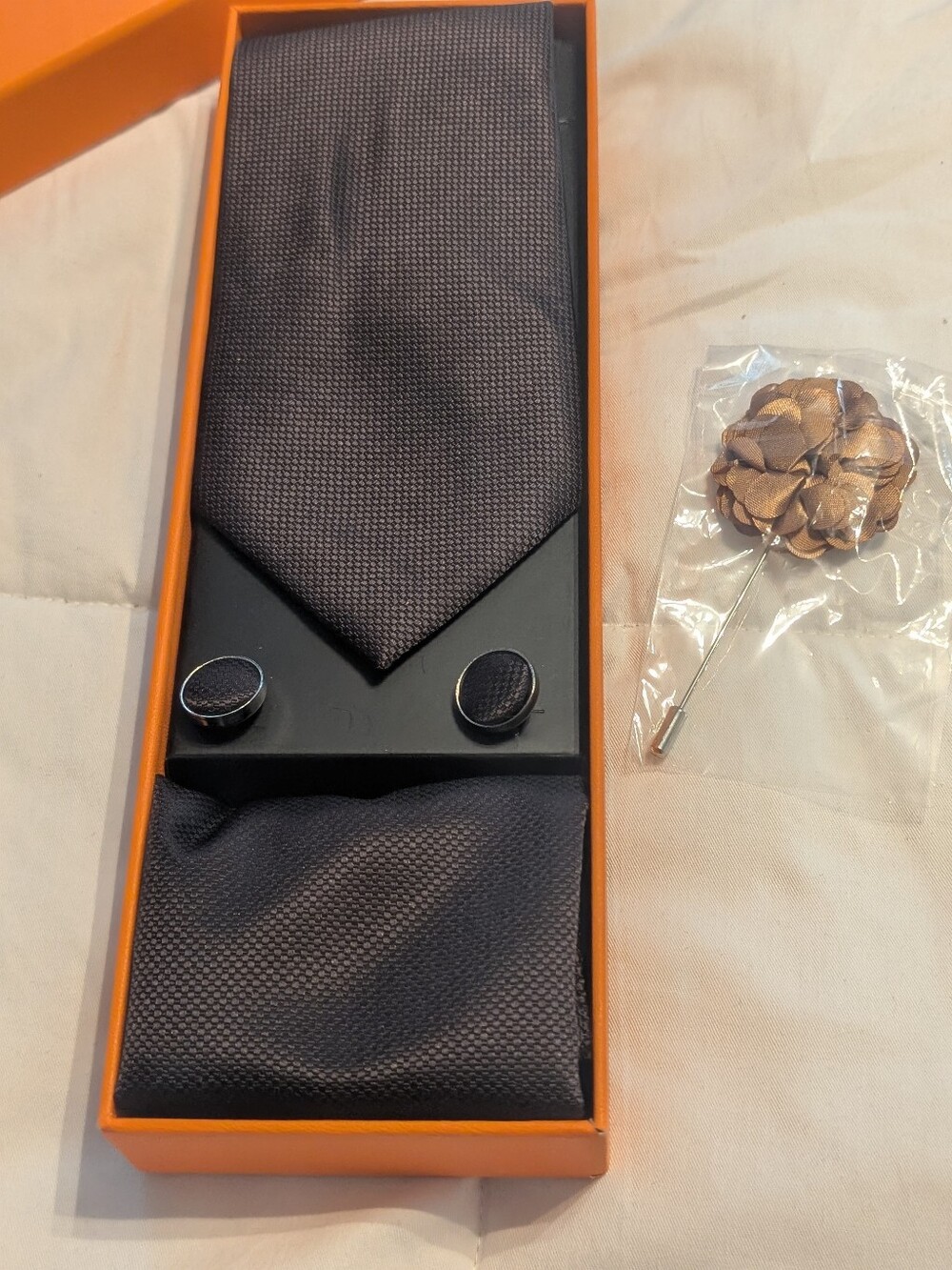 Solid Color Ties Set Men Handkerchief Cufflinks Brooch 3.15 inch Classic Formal
